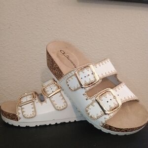 CL by Laundry White Sandal Slides with Gold Buckles